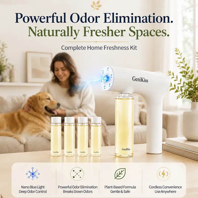 GeniKiss Nano Blue Light Probiotic Deodorizer Compound bio-enzymes decompose urine, plant extract formula with floral fragrance. It deodorizes and inhibits bacteria for pets, effectively eliminating strong peculiar odors, Floral scent Air Freshener Spray