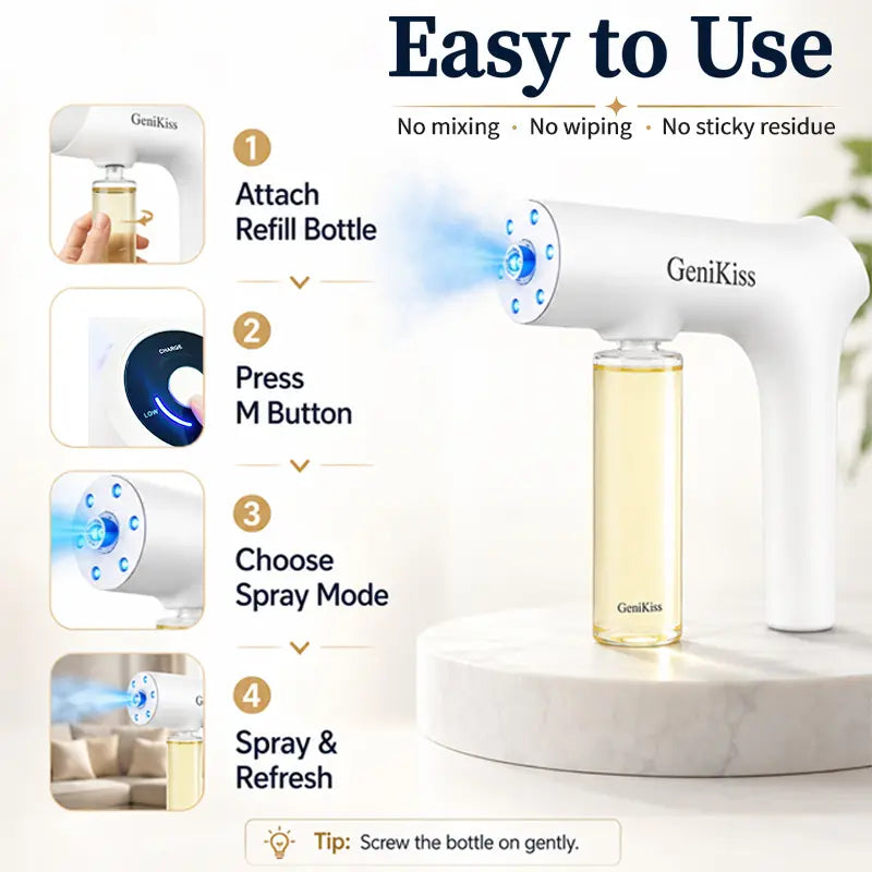 GeniKiss Nano Blue Light Probiotic Deodorizer Compound bio-enzymes decompose urine, plant extract formula with floral fragrance. It deodorizes and inhibits bacteria for pets, effectively eliminating strong peculiar odors, Floral scent Air Freshener Spray
