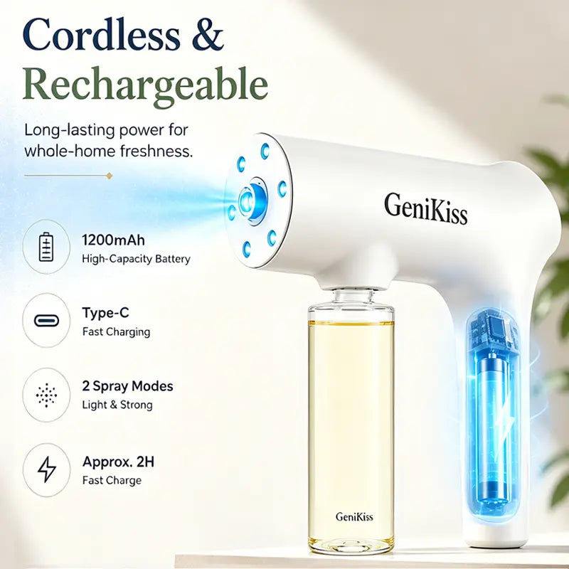 GeniKiss Nano Blue Light Probiotic Deodorizer Compound bio-enzymes decompose urine, plant extract formula with floral fragrance. It deodorizes and inhibits bacteria for pets, effectively eliminating strong peculiar odors, Floral scent Air Freshener Spray