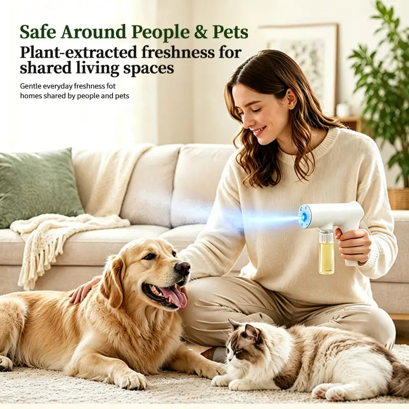 GeniKiss Nano Blue Light Probiotic Deodorizer Compound bio-enzymes decompose urine, plant extract formula with floral fragrance. It deodorizes and inhibits bacteria for pets, effectively eliminating strong peculiar odors, Floral scent Air Freshener Spray